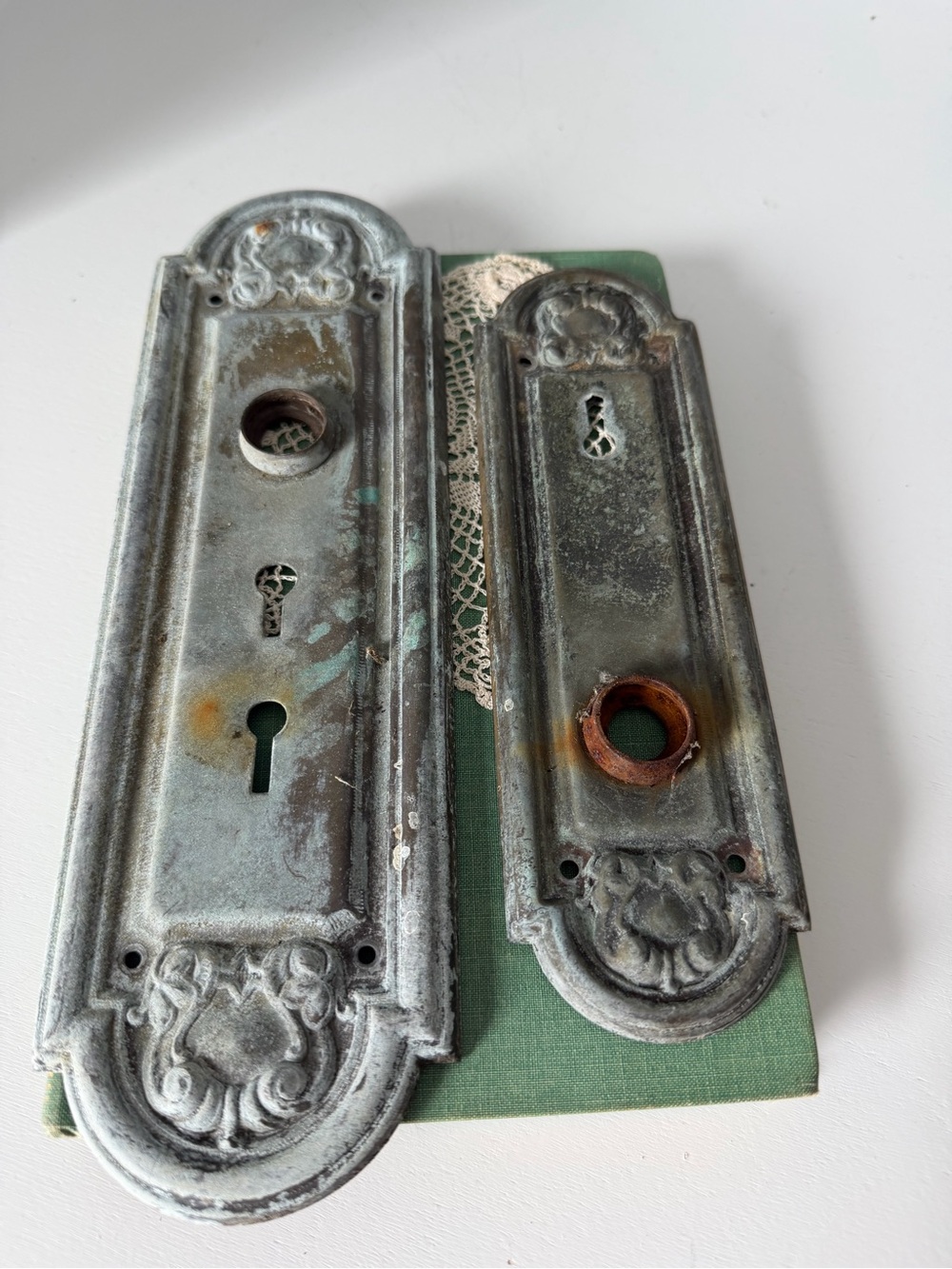 Antique Victorian Ornate Metal Door Backplates Floral Embossed